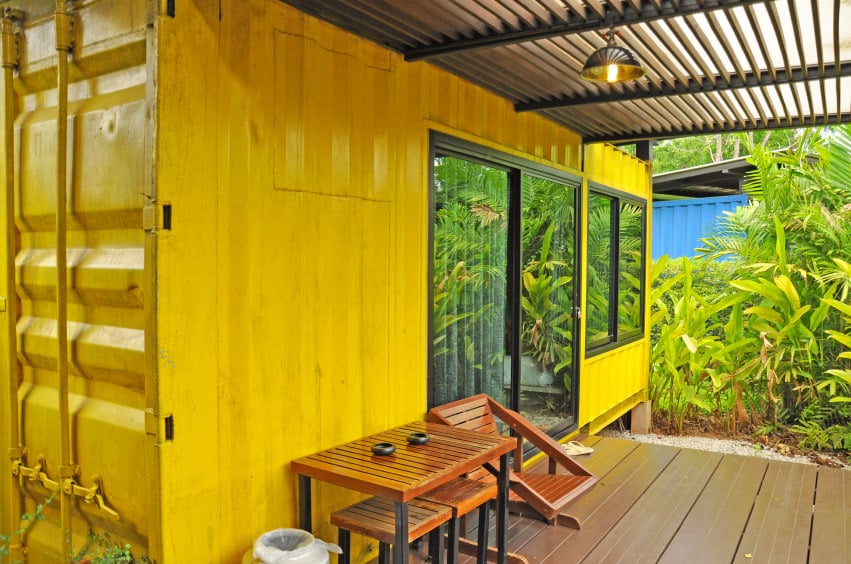 grey shipping container with spray foam insulation