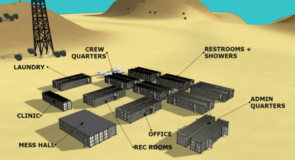 Modified shipping containers used in a oil field man camp.