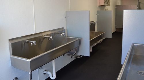 Interior of mobile conex bathroom with heating and air conditioning Interior of mobile conex bathroom with heating and air conditioning