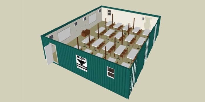 Rendering of a six container wide classroom. Rendering of a six container wide classroom.