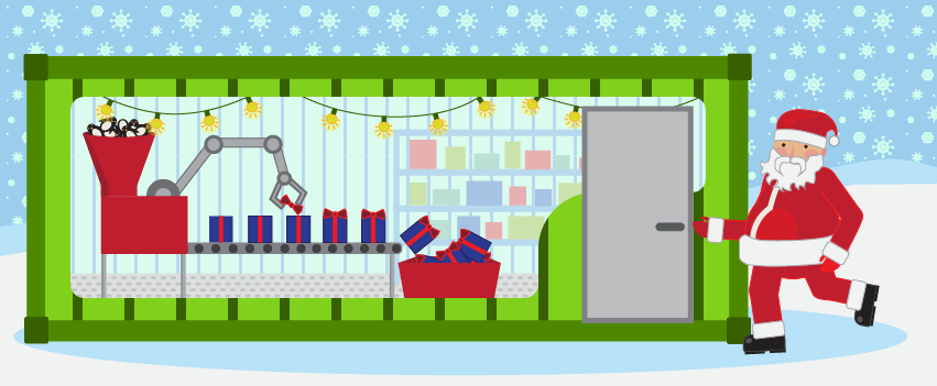 Santa uses a modified shipping container as an industrial equipment enclosure.