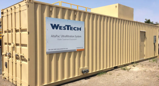 Exterior of conex water treatment equipment enclosure