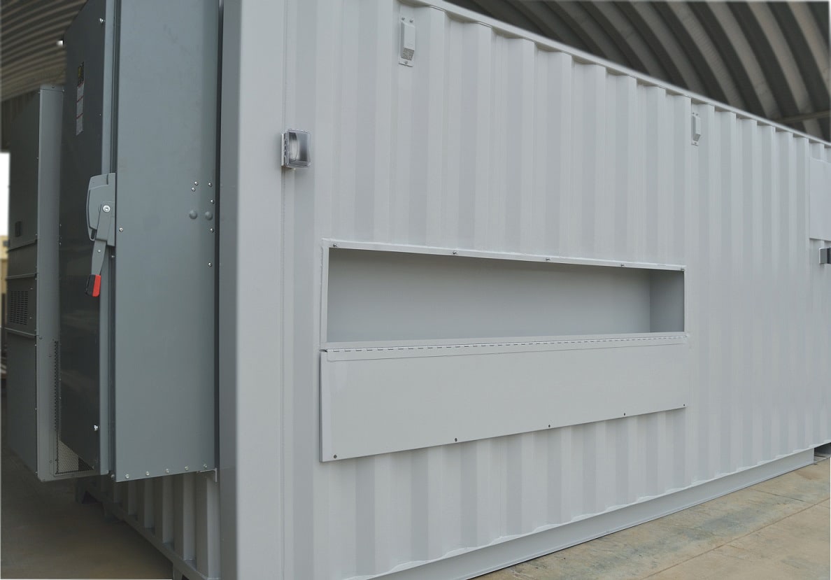 Custom designed utility port for shipping container equipment shelter