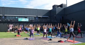 People take a yoga class inside Fortress Obetz, the largest shipping container structure to date. People take a yoga class inside Fortress Obetz, the largest shipping container structure to date.
