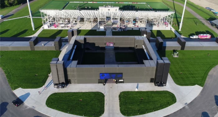 Aerial view of Fortress Obetz, a shipping container-based building.