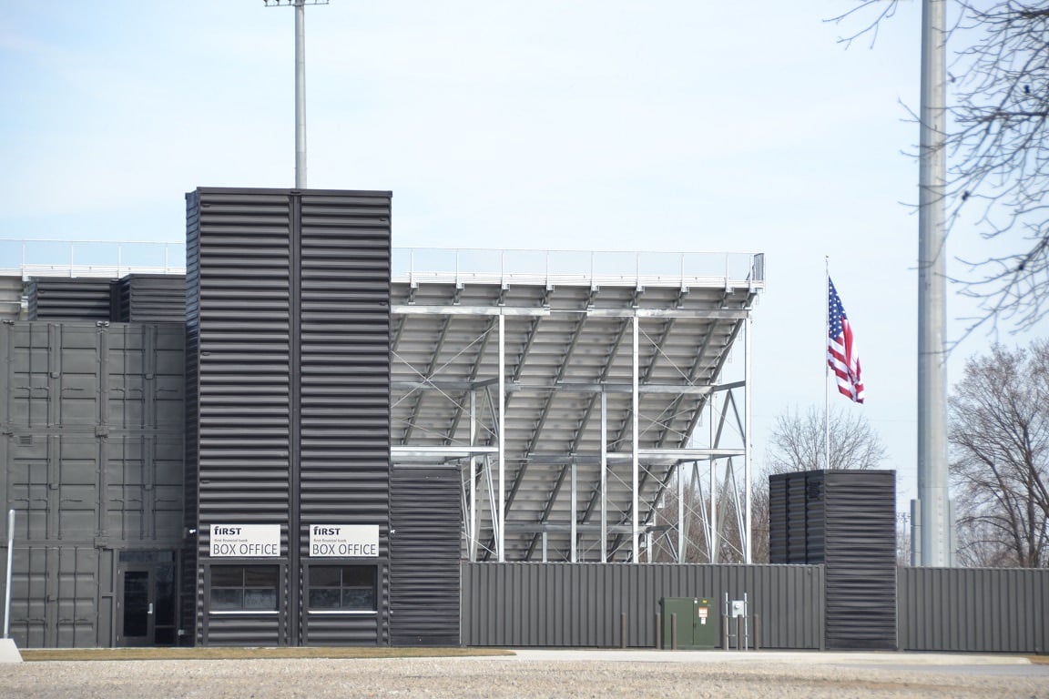 A custom container solution for a stadium: upright container towers