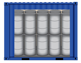 10 foot container loaded with oil drums
