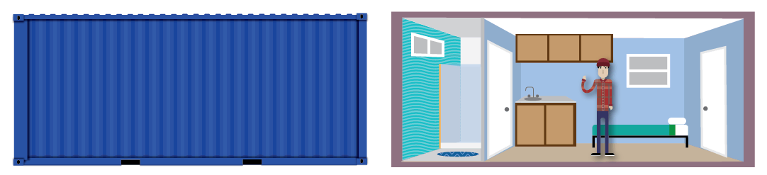 Comparison between a shipping container and San Francisco's smallest apartment.