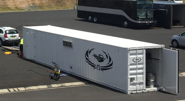 Exterior of mobile car garage inside an ISO container. Exterior of mobile car garage inside an ISO container.