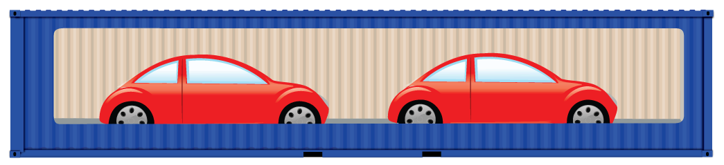 Two Volkswagen Beetles inside a 40-foot shipping container.