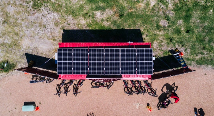 Solar panels on top of shipping container store front. Solar panels on top of shipping container store front.