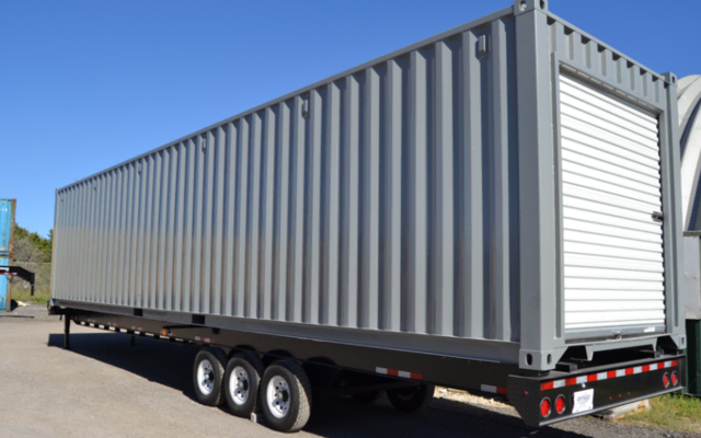 A shipping container storage unit on a chassis is easy to relocate around warehouses. A shipping container storage unit on a chassis is easy to relocate around warehouses.