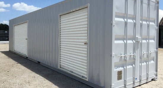 Onsite storage containers with two overhead doors for easy access. Onsite storage containers with two overhead doors for easy access.