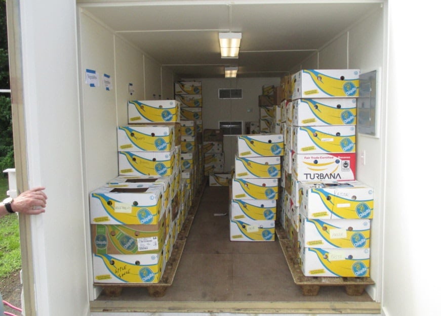 Portable storage shed being used a cold room for produce