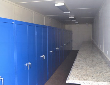 Mobile tool building with cabinets and workshop bench. Mobile tool building with cabinets and workshop bench.