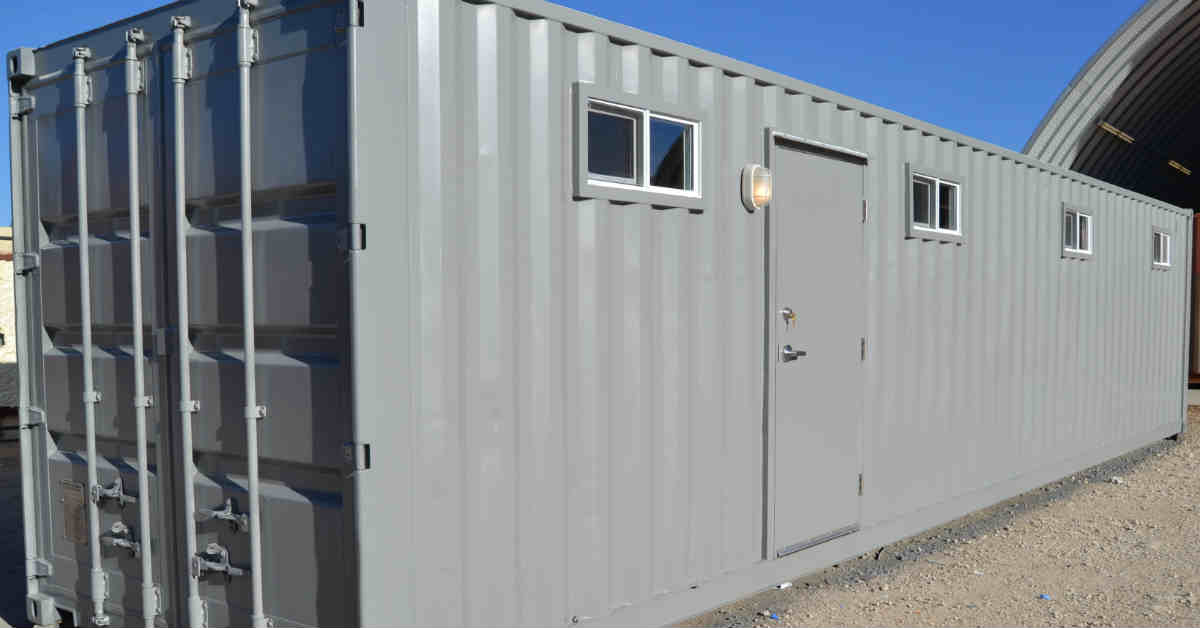 Exterior of portable shipping container locker room with showers. Exterior of portable shipping container locker room with showers.