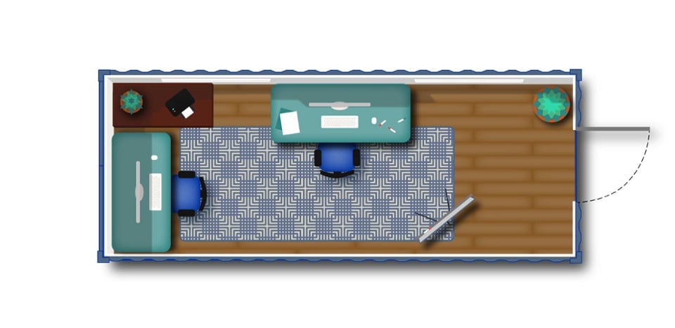 20-foot shipping container office with two work stations.