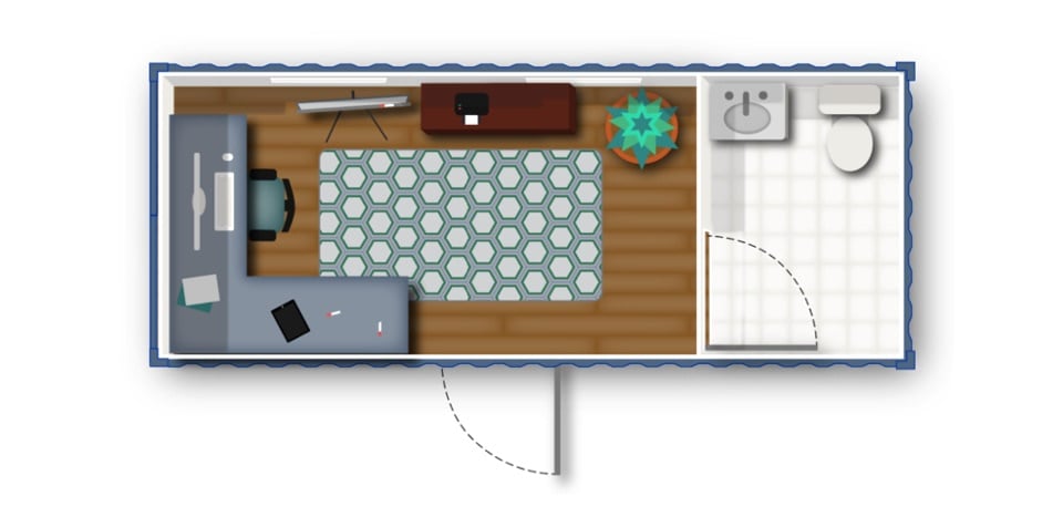 Floorplan for shipping container office with bathroom.