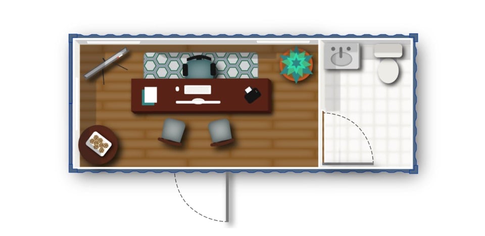 Floorplan for small shipping container sales office with bathroom.