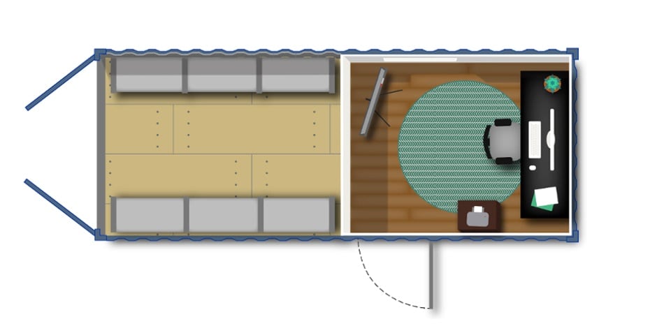 20-foot shipping container office with storage space.