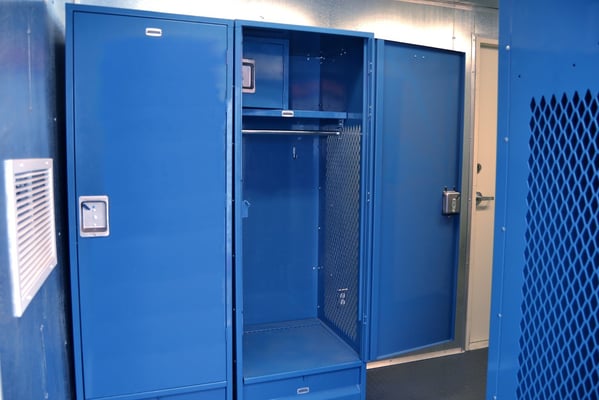 Locker installed inside of locker room with bathroom
