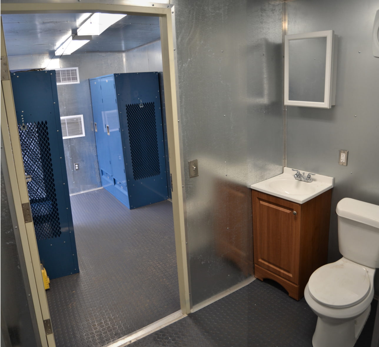 Interior of all metal locker room