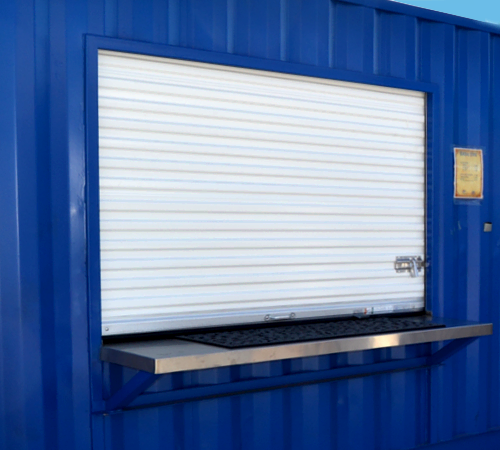 Roll-up window in a mobile ticket booth. Roll-up window in a mobile ticket booth.
