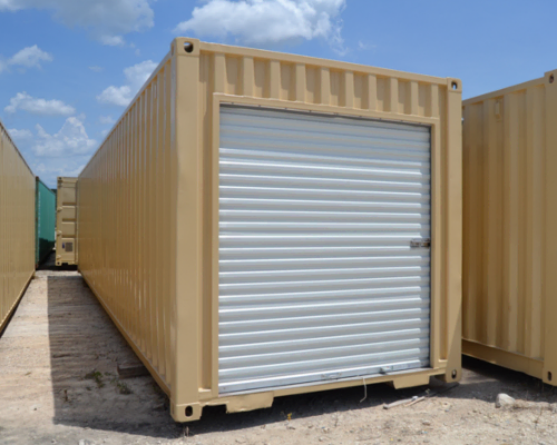 Shipping container modified to have a roll-up door for easy access storage