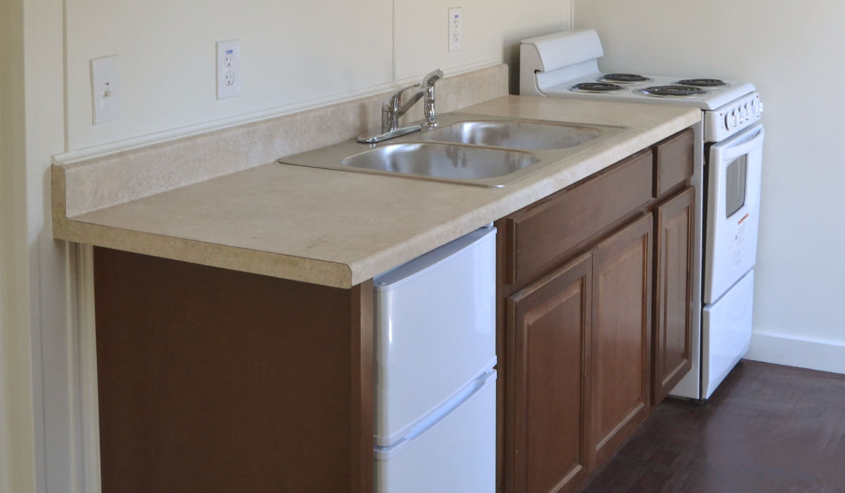 Shipping container modified to have a kitchenette