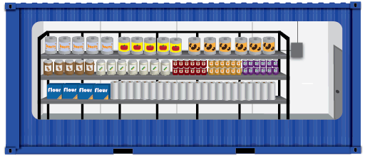 Concept for a container-based dry goods store room.