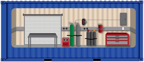 Illustration of a mobile welding shop in a conex container.