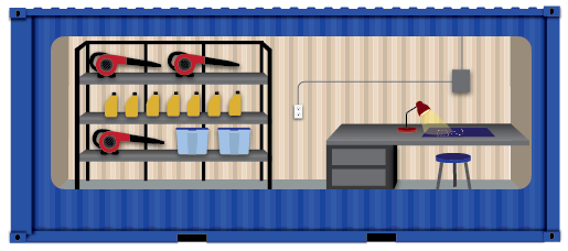 Onsite storage container with workshop space