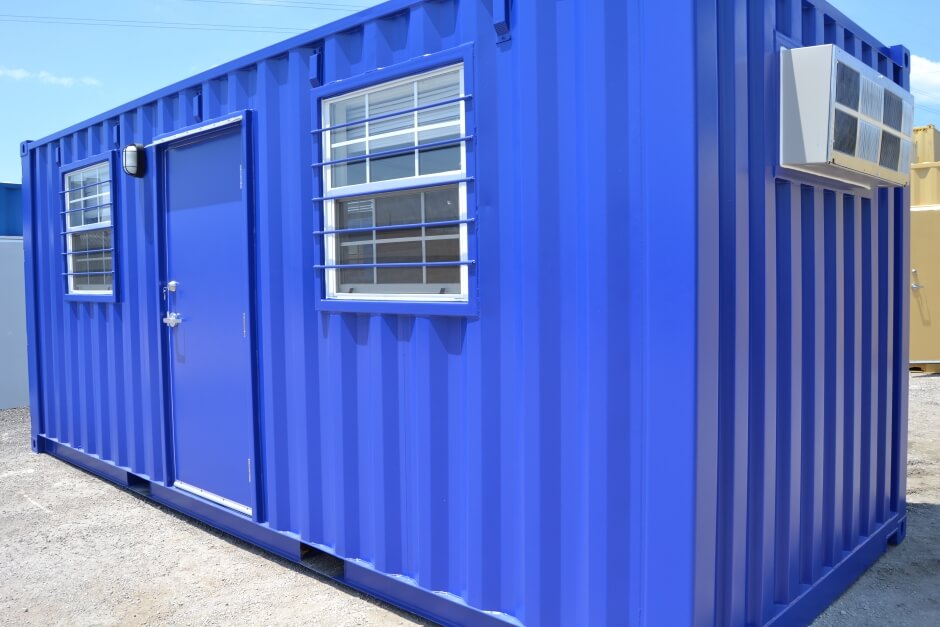 blue 20-foot shipping container office