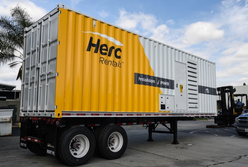 Herc Rentals shipping container equipment enclosure on wheels 