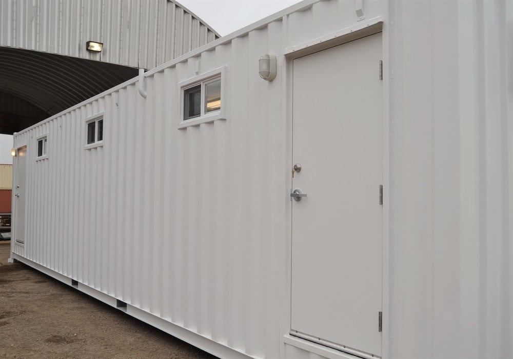 Exterior of dual gender shipping container bathroom