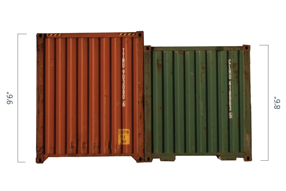 A high-cube shipping container next to a standard shipping container