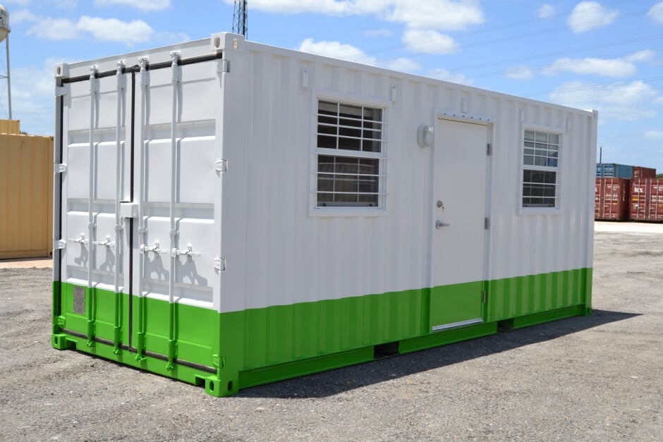 Shipping Container Office with two windows and green stripe on bottom