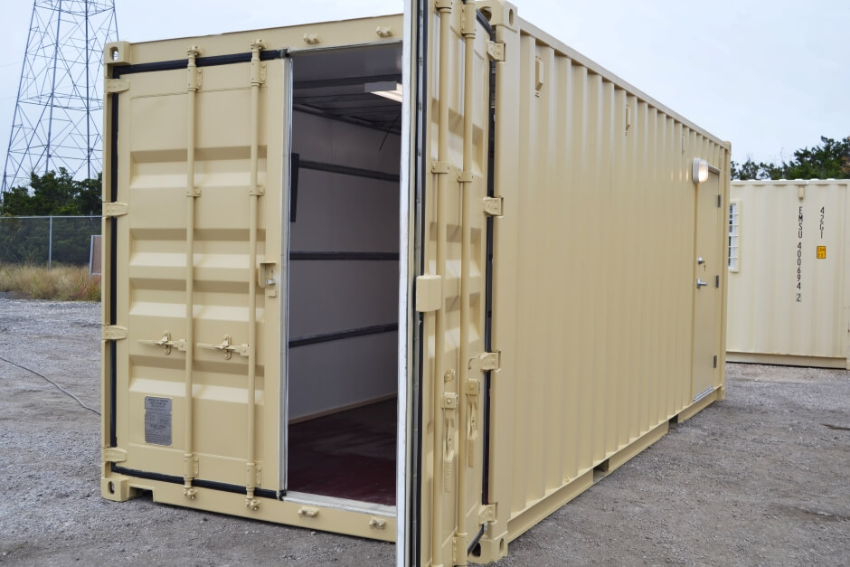 shipping container storage unit with one open cargo door and Styrofoam insulation