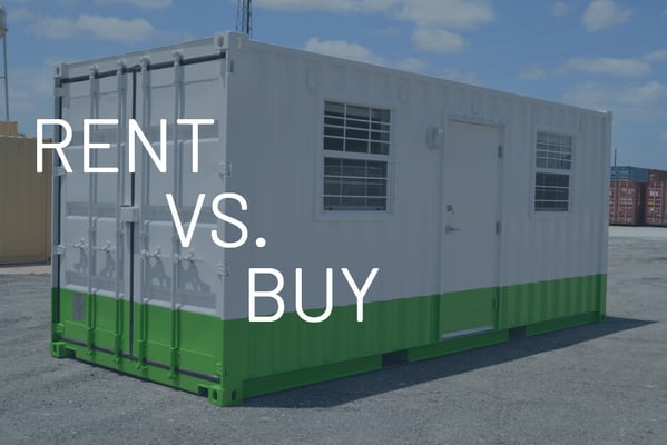 modified shipping container office with green stripe and rent vs. buy text