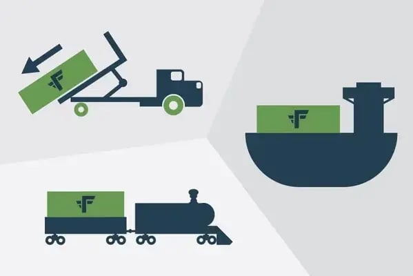 green shipping containers on a blue tilt bed truck, train, and boat