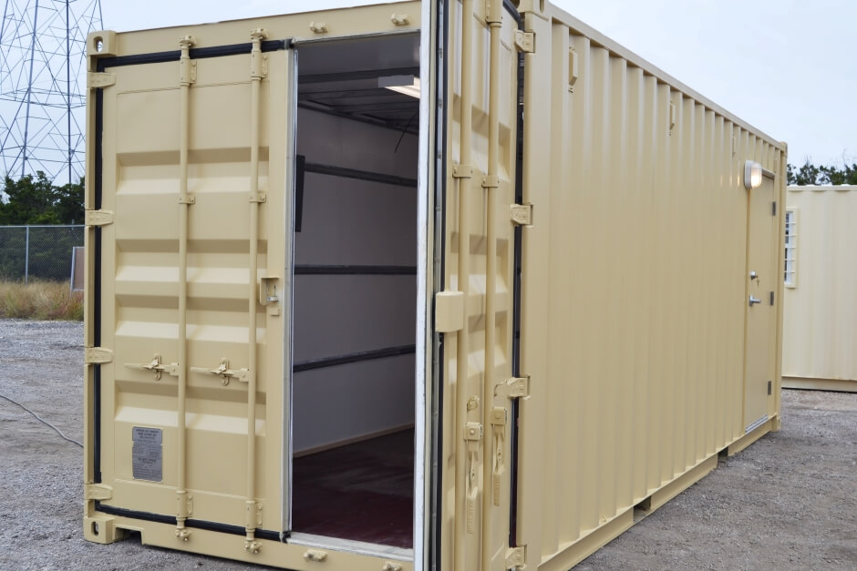 shipping container inventory storage with door open