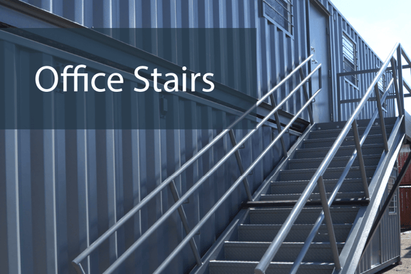 shipping container office staircase with office stairs text