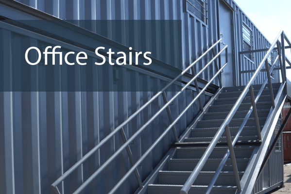 shipping container office staircase with office stairs text