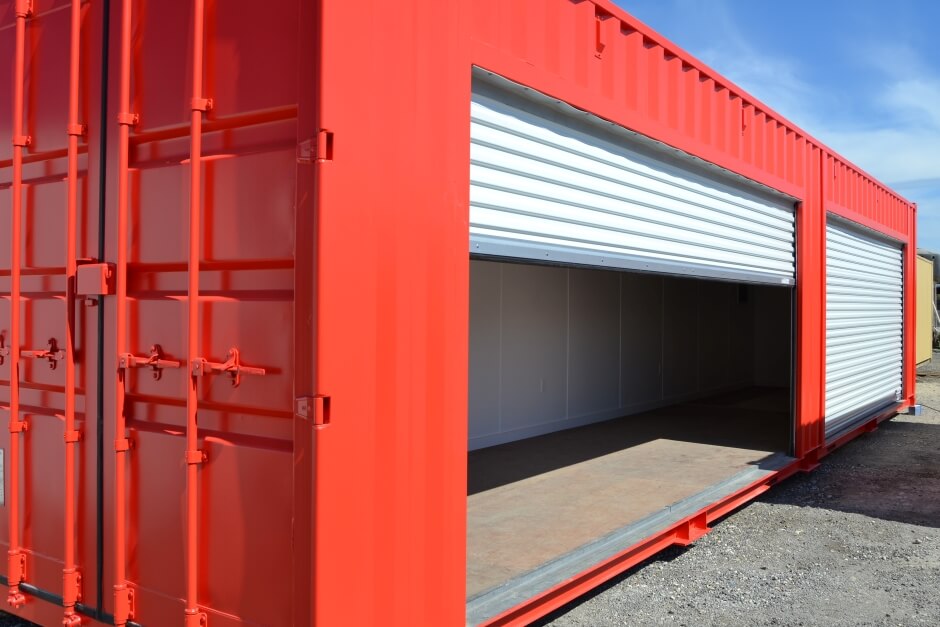 red shipping container with two roll up doors