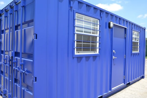 blue shipping container onsite office