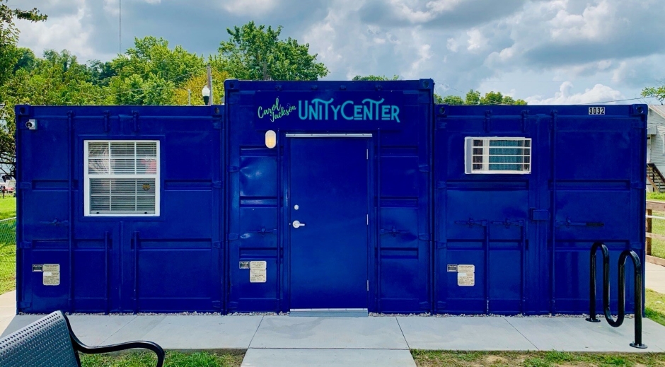 shipping container East Ashland neighborhood Community Center with Unity Center signage