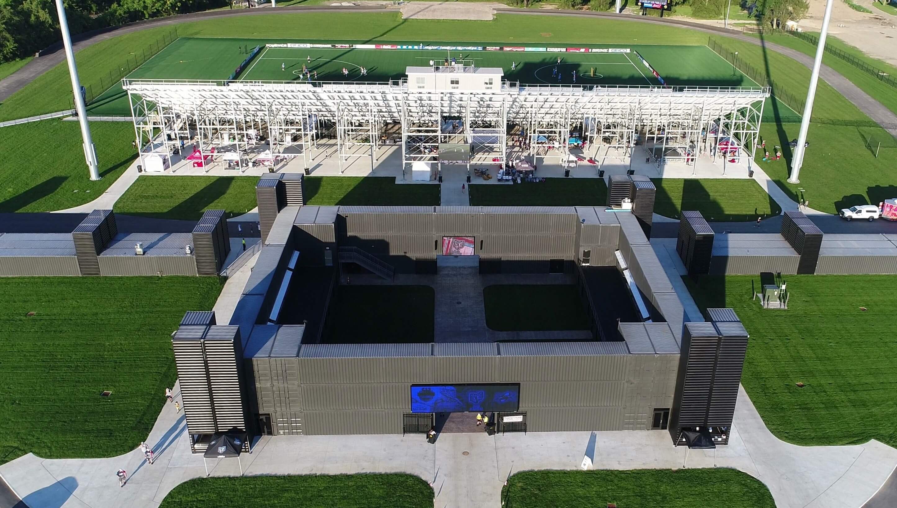 areal view of shipping container sports stadium Fortress Obetz