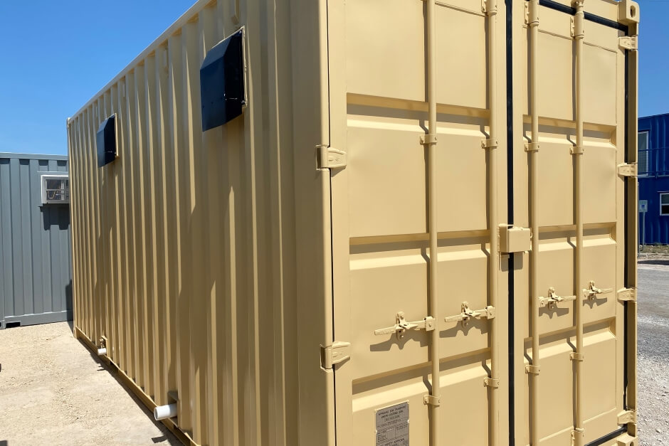 tan storage 20-foot shipping container with air vents