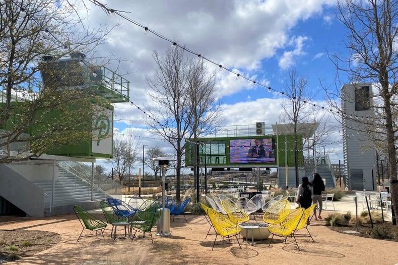 sitting area at The Pitch shipping container venue