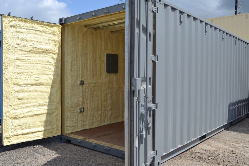 grey shipping container with spray foam insulation 